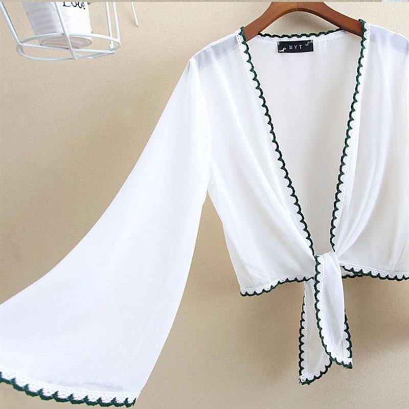 Маленькая шаль, женский кружевной шифоновый кардиган, солнцезащитная одежда с расклешенными рукавами, ультратонкие короткие наружные кардиганы