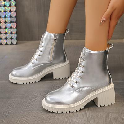 Золотые серебряные ботильоны на платформе для женщин 2024 года в стиле панк со шнуровкой на толстом каблуке, армейские ботинки, женские короткие ботинки на молнии Mujer