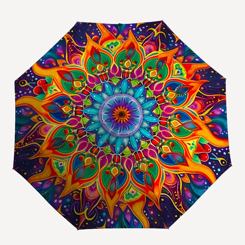 1pc Psychedelic Mandala Art Automatic Umbrella - 8-Rib Durable Frame, Portable Fashion Accessory & Holiday Gift yy251117151