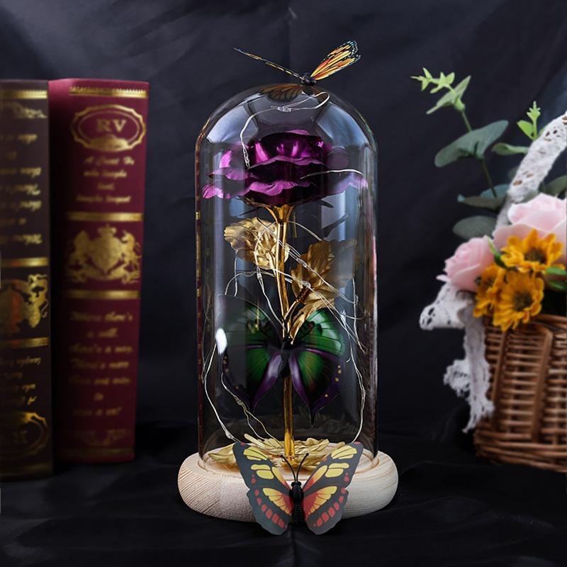 Galaxy Glass Rose Eternal Crystal Flower Birthday Gift Light Up Rose In Glass Dome with Butterfly for Mom Sister Mothers Day Gifts Holiday Gifts