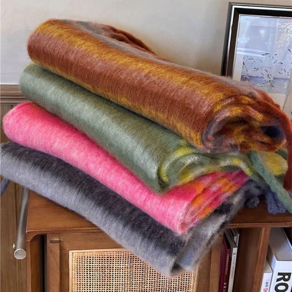 Warm Winter Cashmere Scarf Stripe Pattern Thickened Shawl Wrap New Long Tassel Scarves Women