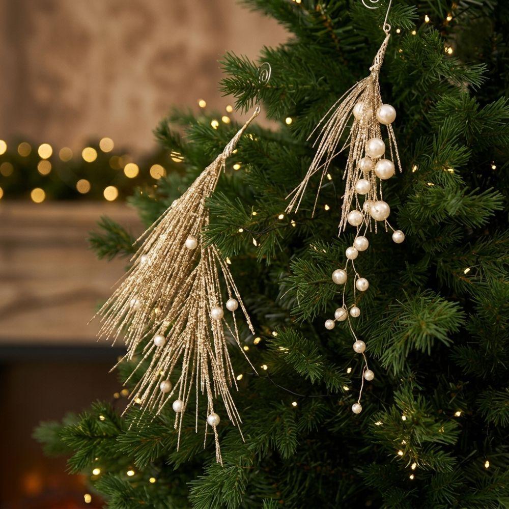 Realistic Glitter Pearl Christmas Decor Sprig Xmas Tree Hanging Ornament Room Decoration