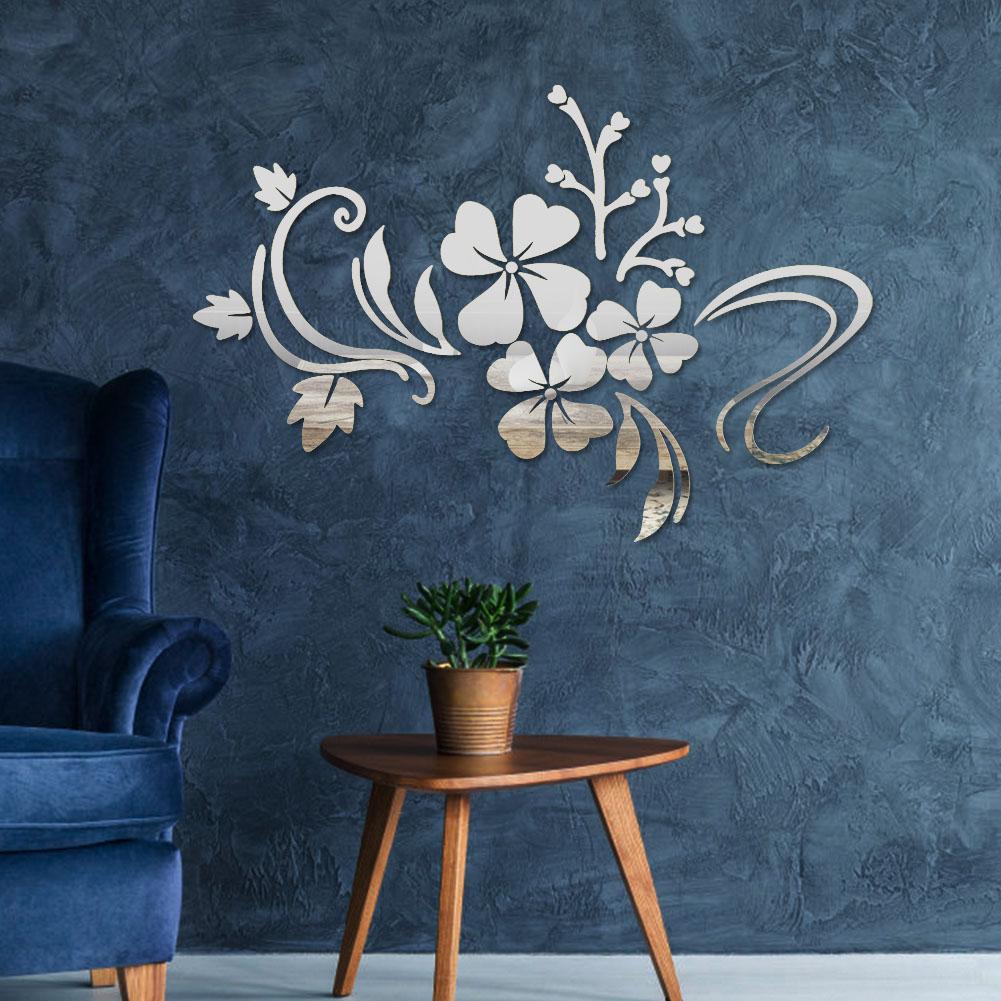 Home Parlour Room Mirror Plastic Flower Art Removable Wall Sticker Decoration Decal Silver