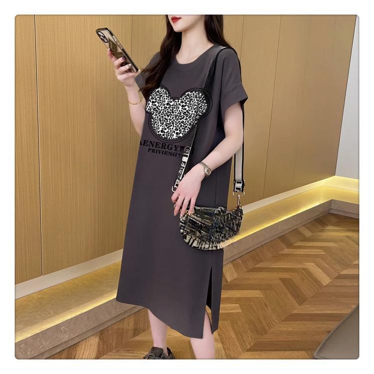 Женское модное платье-футболка, летнее платье Fat Mm с коротким рукавом выше колена, длинное повседневное платье с разрезом