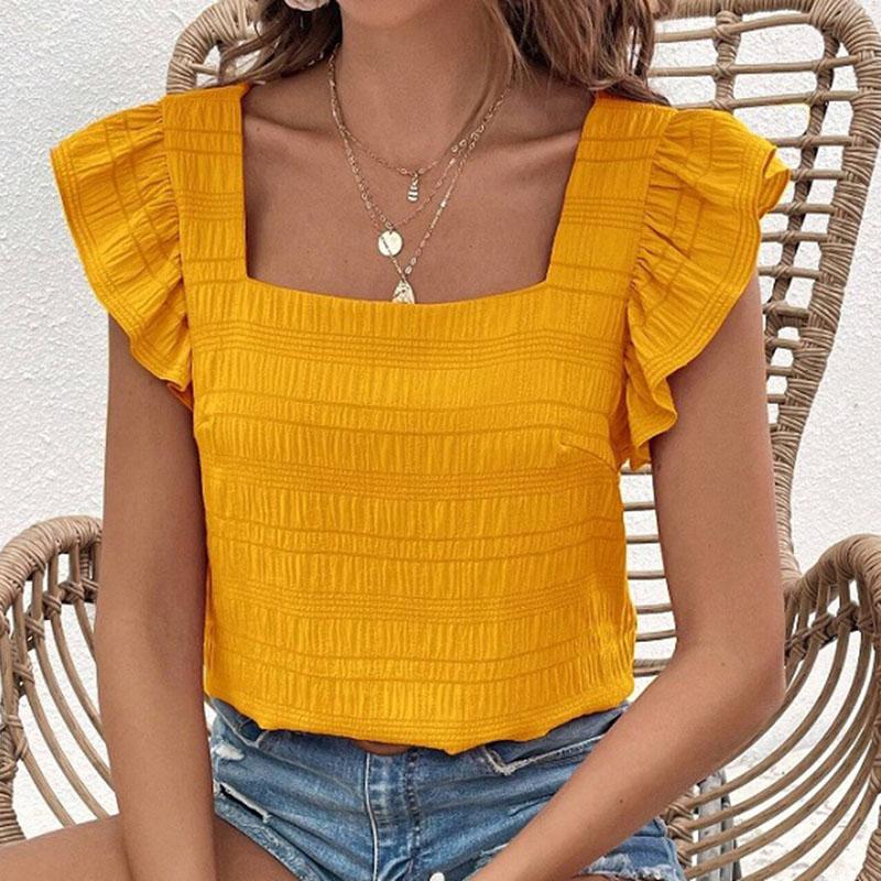 Женская летняя футболка с квадратным воротником и оборками, однотонный пуловер, топ