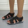 New slope heel sandals round head Velcro retro one-word large size beach solid color sandals women