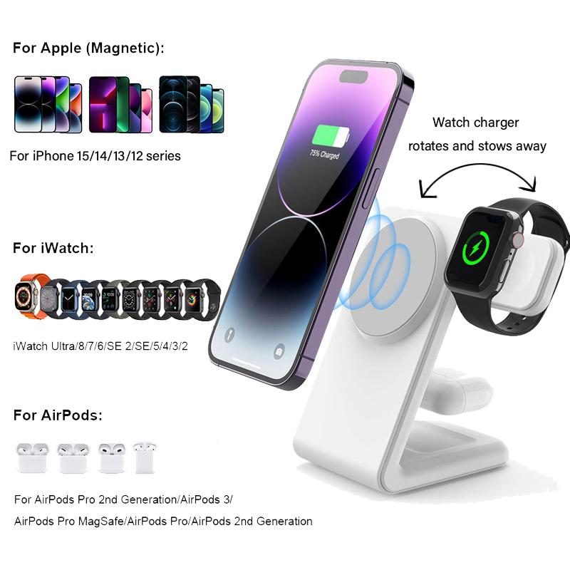 Магнитное беспроводное зарядное устройство для док-станции MagSafe Dock Stand 15 Вт Быстрая зарядка для iPhone 15 14 13 12 Pro Max Mini Plus для Samsung S24 S23