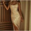 Платье с открытыми плечами и золотыми пайетками, сексуальное вечернее платье, весна 2025, новая женская одежда, модное однотонное платье без рукавов