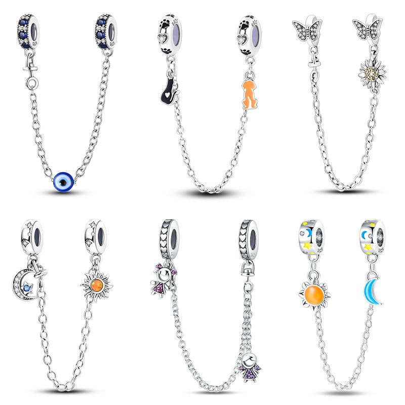 New 925 Silver Color Evil Eye Stars Moon Butterfly Cat Safety Chains Charms Beads Fit Diy 925 Bracelets DIY Jewelry
