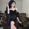 Korean Style Black Cabaret Dress Women Y2k Off Shoulder Mini Party Dresses Cute One Piece Tunic Mesh Vestidos