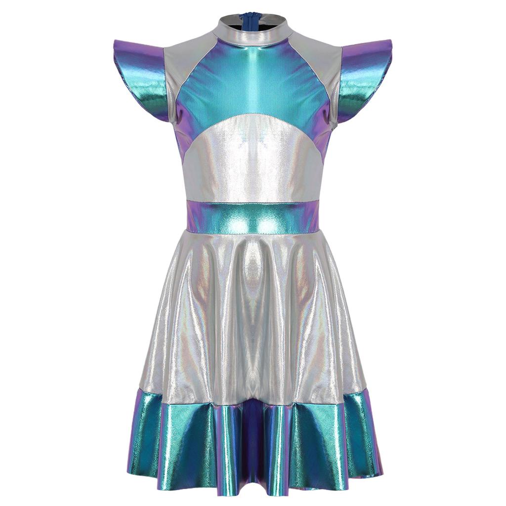 Детский глянцевый металлический космический костюм милашки на Хэллоуин, карнавальный костюм инопланетянина, платье с короткими рукавами, одежда Roly Play