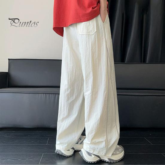 Men's Quick-Dry Baggy Trousers Drawstring Waist Loose Fit Pants Lightweight Casual Trousers with Side Lines Decoration for Street Vacation