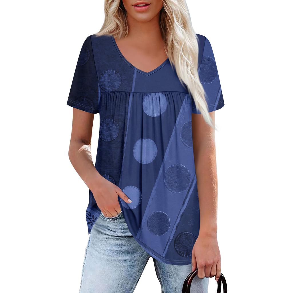 Women's Casual V-Neck Short Sleeve Chest Ruffle Printed Top