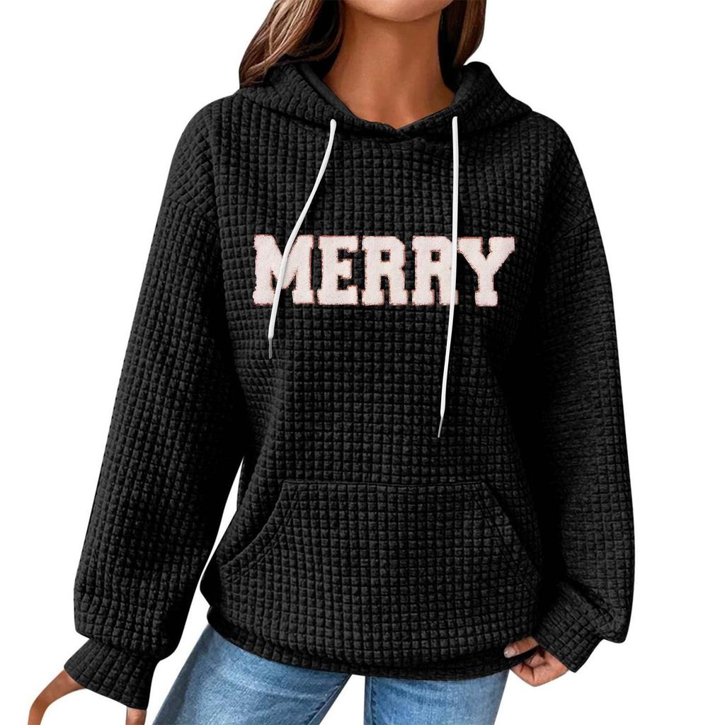 Women's Fashion Loose Hooded Pullover Long Sleeve Plaid Sweatshirt With Drawstring, Drop Shoulder, Pocket, Christmas Print Top