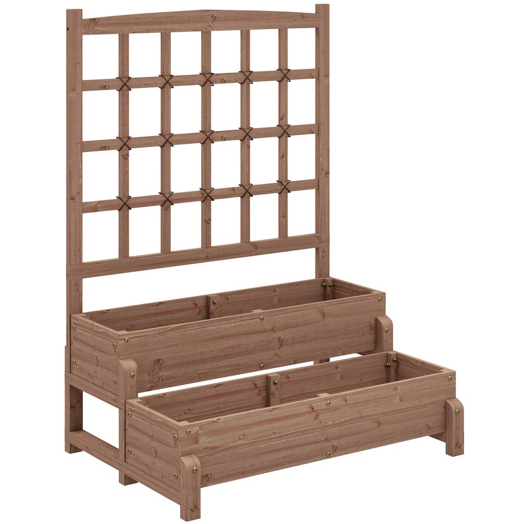 2-Tier Raised Garden Bed with Trellis, Wooden Elevated Planter Box with Drainage Holes, Outdoor Raised Planter for Climbing Plants, Fruits