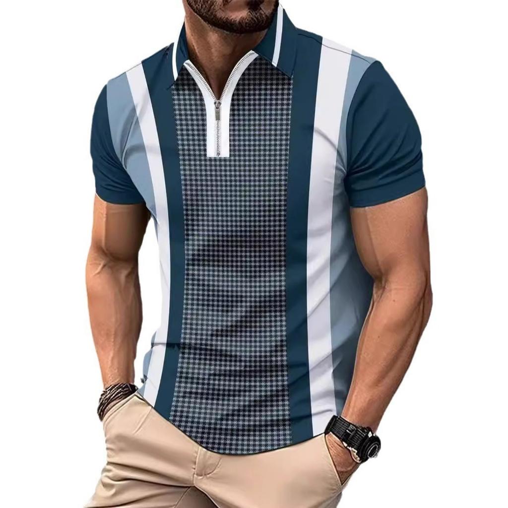 Мужская повседневная футболка-поло с принтом в полоску для улицы с лацканом и коротким рукавом