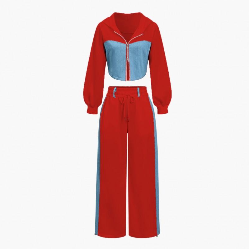 Womens Casual Hooded Sweatshirt Pants Set With Denim Patchwork Long Sleeve 2026