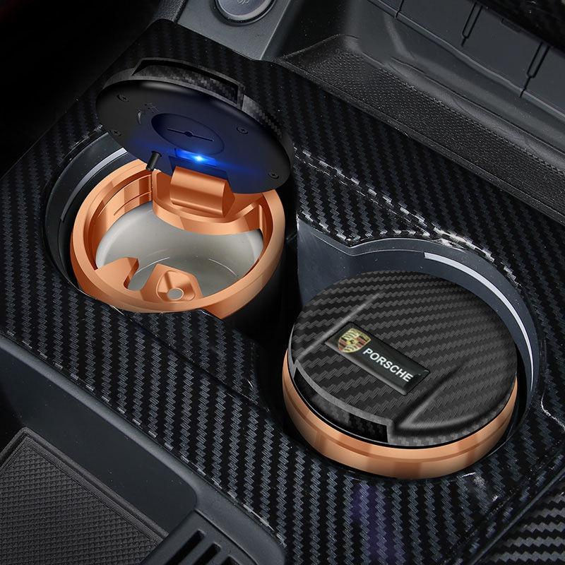 AEKUQ1 Car LED Emblem Ashtray Portable Garbage Box Storage Holder For Porsche 911 Cayenne Macan Carrera-GT 928 944 968 Panamera Boxster