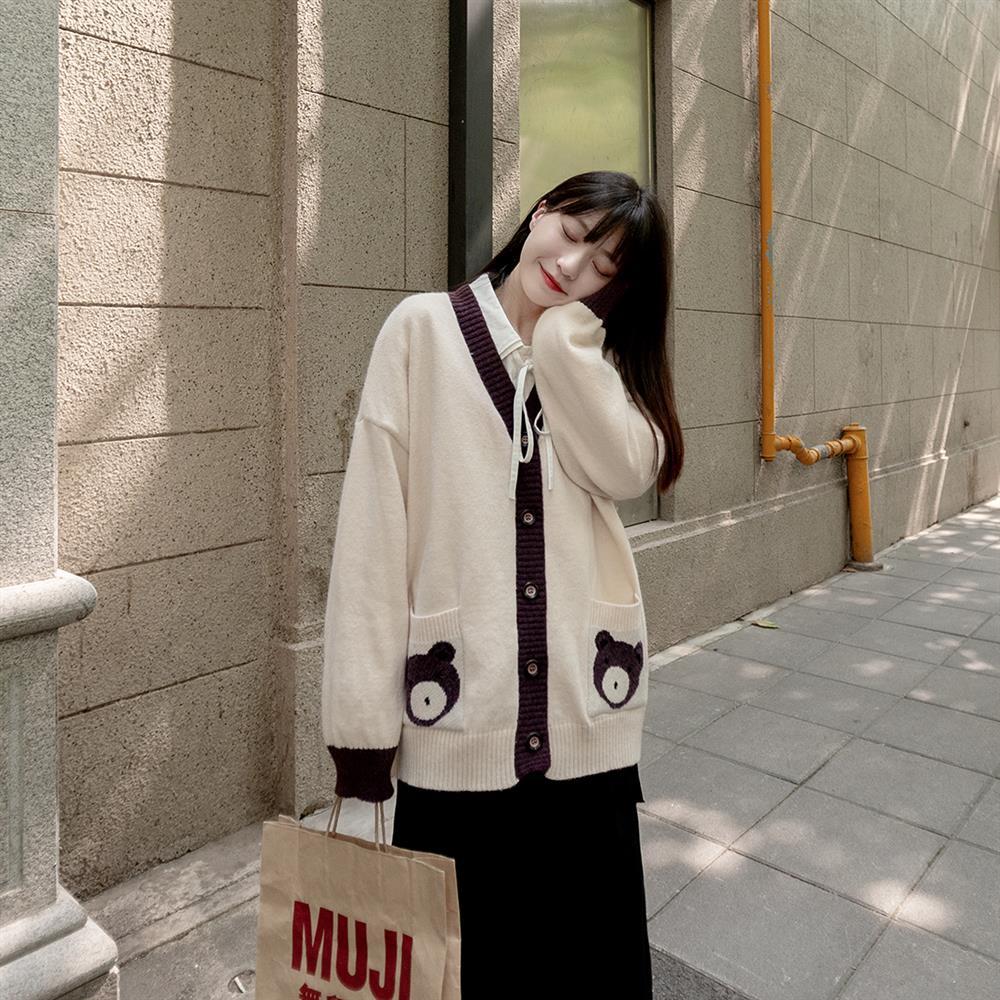 Кардиган с принтом медведя в японском стиле, женский свитер JK с v-образным вырезом, большой вязаный джемпер, женский модный кавайный джемпер в консервативном стиле