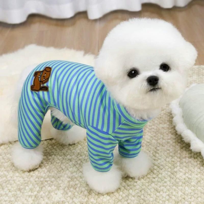 Cute Striped Dog Pajamas Cartoon Print Pet Jumpsuit Soft Puppy Onesie Fashion Cat Overalls Pet Sleepwear Four-Legged Dog Clothes