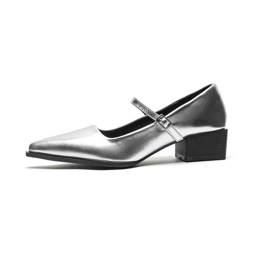 Fashion French Style Silver Black Mary Jane Shoes Pointed Toe Chunky Heel Ankle Strap Dress Shoes for Women Elegant Mid Heel Pumps 34-42