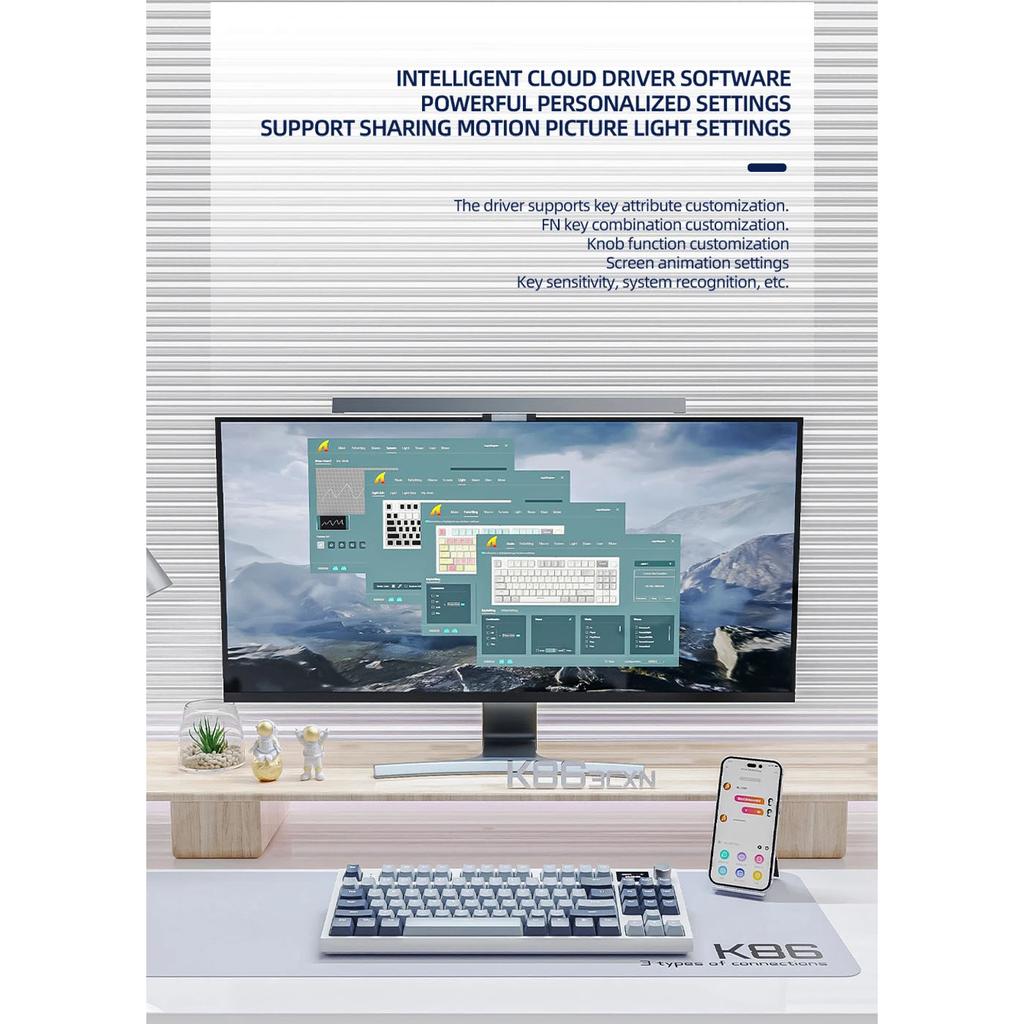 K86 Беспроводная механическая клавиатура с возможностью горячей замены Bluetooth/2,4g с экраном дисплея и поворотной кнопкой громкости для игр и работы