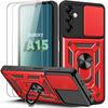 Protective Case - BOOLING - for Samsung Galaxy A15 A15 5G - Shockproof - with Ring - Red - 2 Tempered Glass