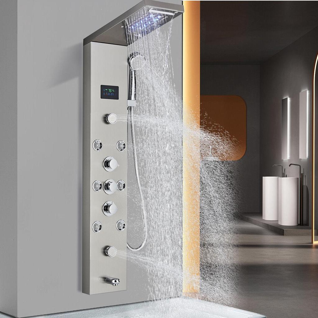 Светодиодная душевая панель, башенная система, массажные форсунки для дождя и водопада, смеситель из нержавеющей стали