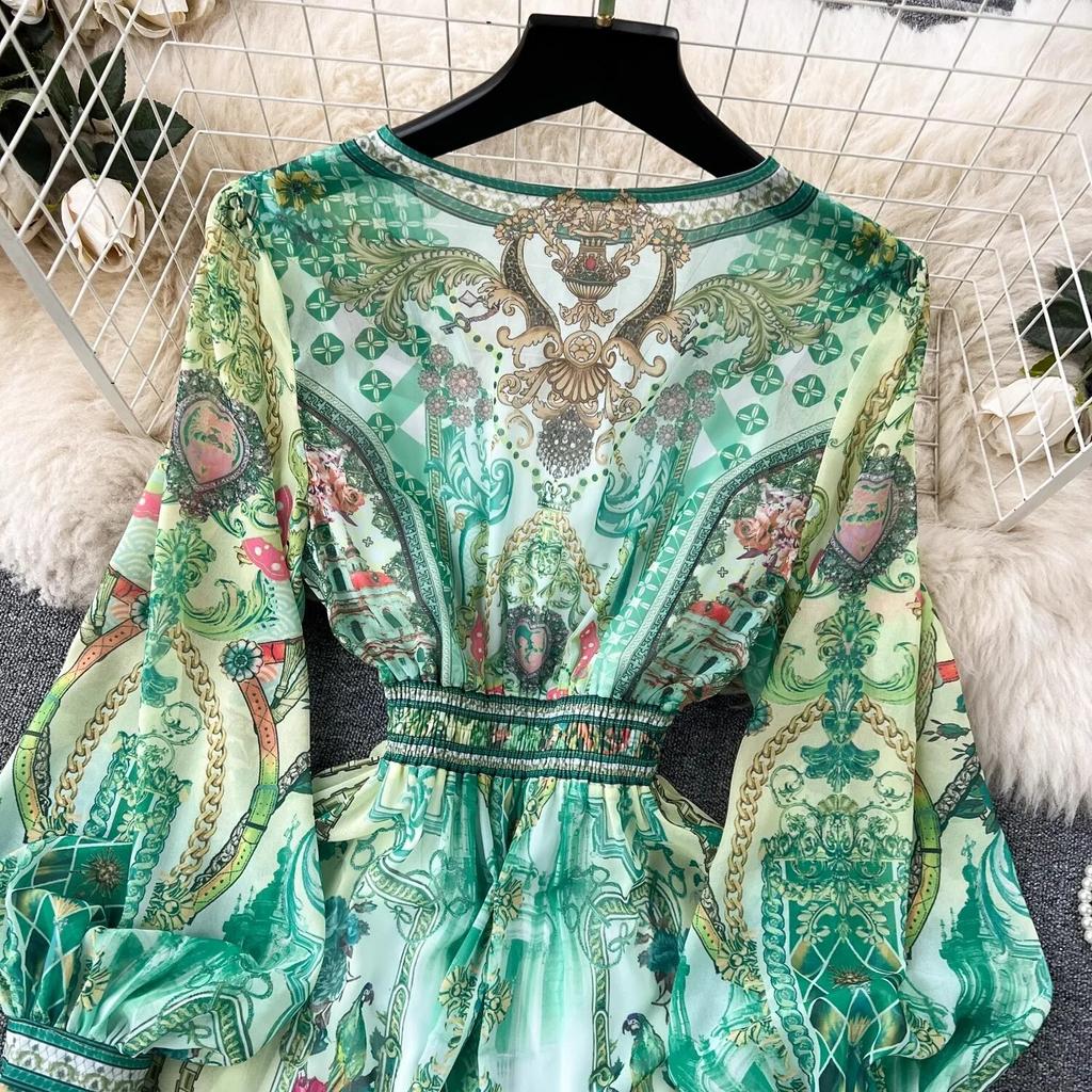 Летняя мода, роскошный дизайнерский винтажный шифон с принтом, праздничное пляжное платье, женское сексуальное платье с v-образным вырезом и рукавами-фонариками, эластичный пояс, длинный халат макси