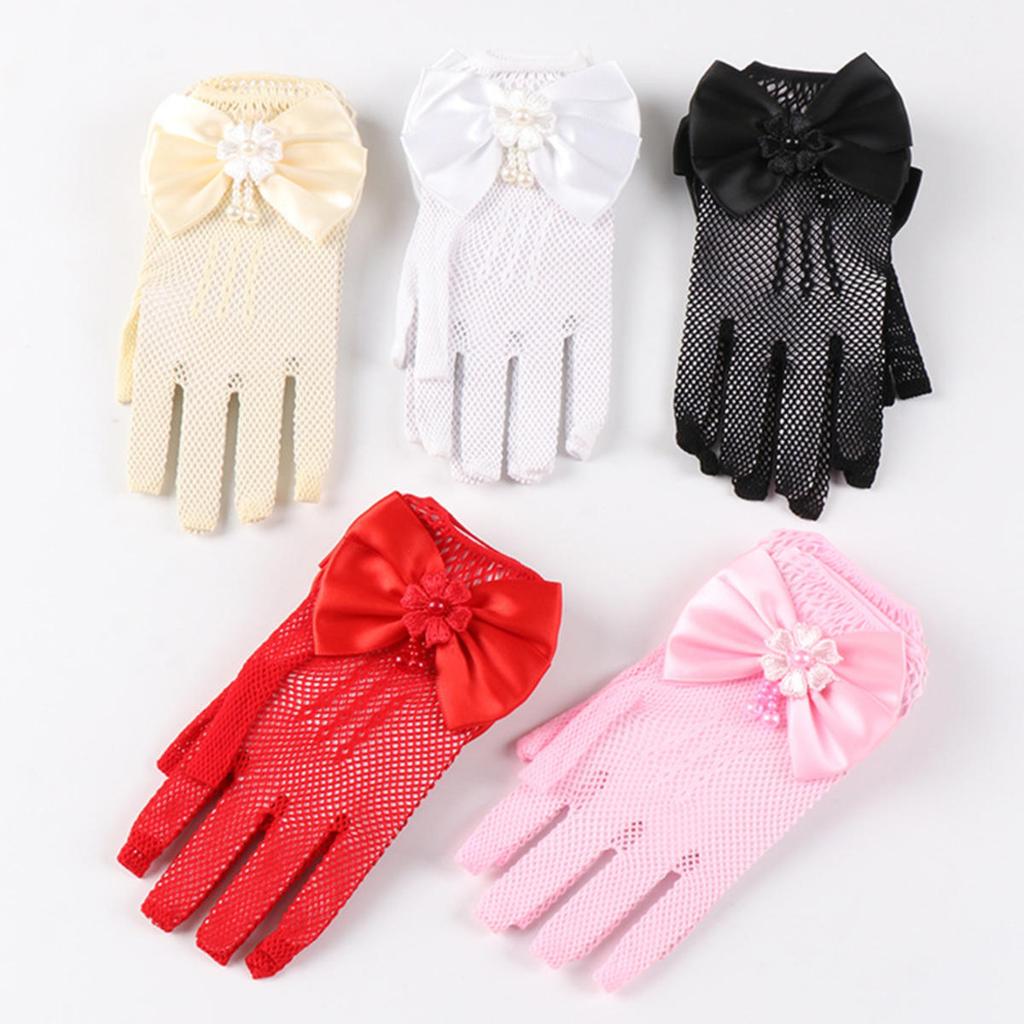 Детские праздничные кружевные перчатки-сетки с жемчугом, перчатки для причастия, перчатки для вечеринки девочки-цветочницы, детские перчатки, сетчатые перчатки с бантом высокой эластичности