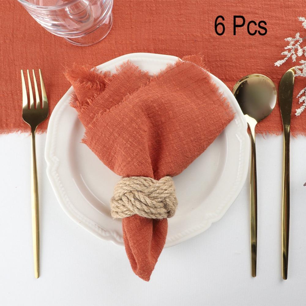 6PCS Rustic Style Burr Edge Cotton Napkin Tassel Design Gauze Tea Towel Wedding