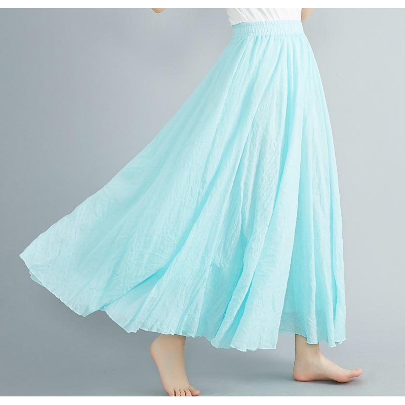 Mori Girl Plus Size Cotton Linen Midi Skirt - Elastic Waist, A-line, Solid Color, Ethnic Style, Long Length