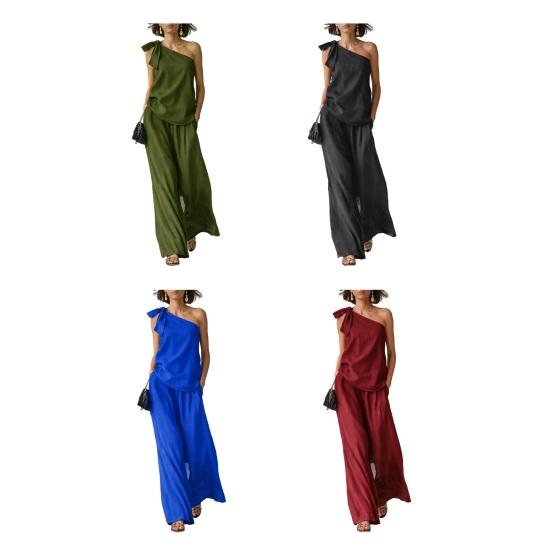 2 Piece Outfits for Women Summer One Shoulder Sleeveless Top And Wide Leg Pants Matching Lounge Set with