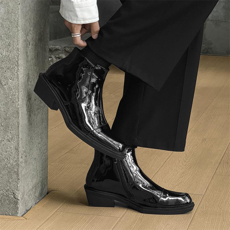 Модные лакированные черные мужские ботинки Модный и персонализированный стиль на толстой подошве Трендовые вечерние молодежные кожаные туфли больших размеров -46 Горячие