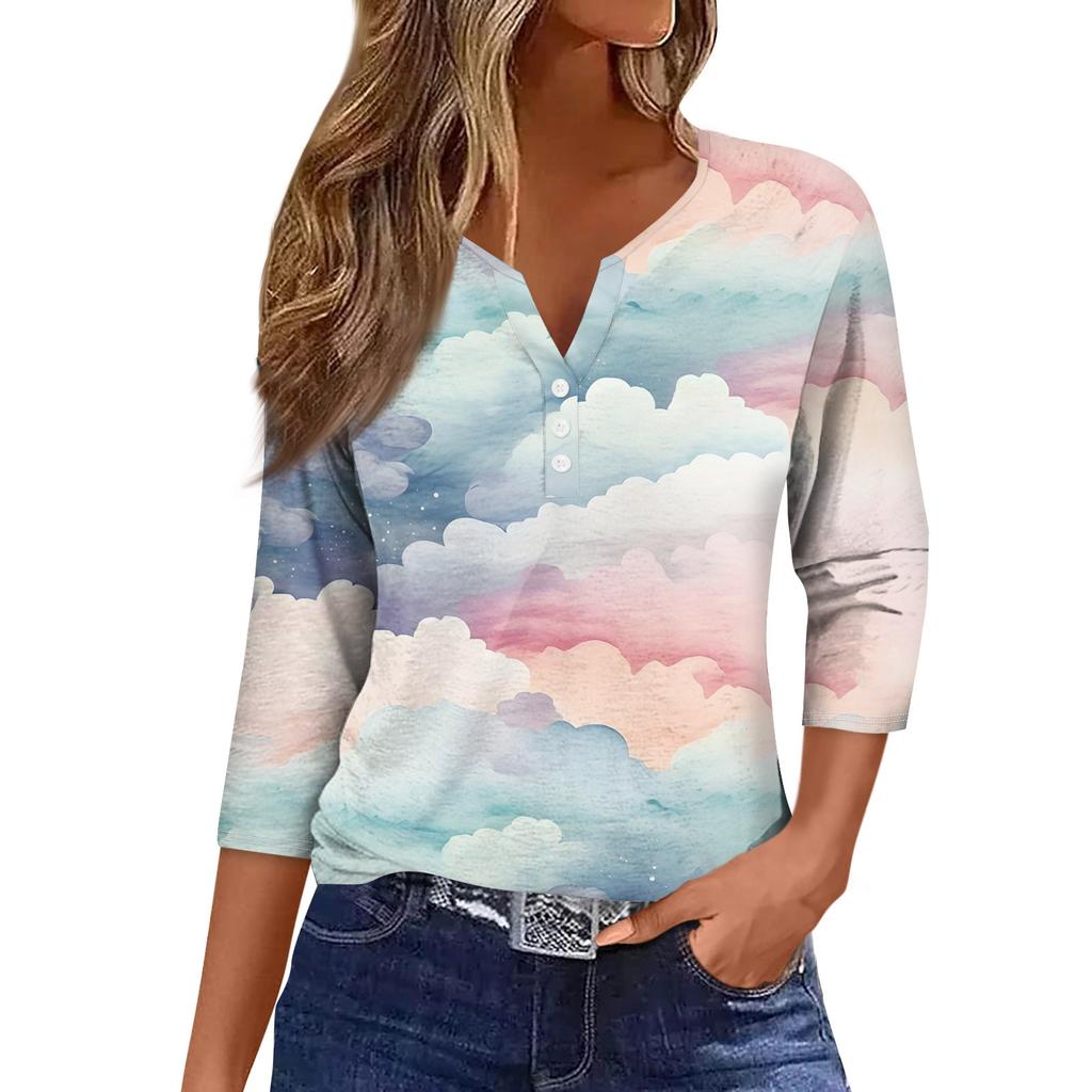 Женская модная повседневная футболка с коротким рукавом и V-образным вырезом, декоративными пуговицами и рукавом три четверти