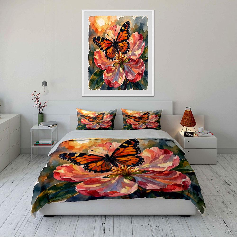 Butterfly on Vibrant Flower Bedding Duvet Cover Set Duvet Cover Pillowcases (1*Duvet Cover 2*Pillowcases, without duvet insert)