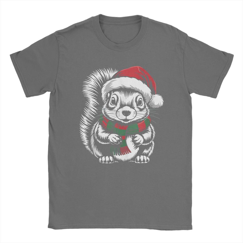 Leisure Squirrel Xmas Santa Hat Scarf Christmas T-Shirts for Men Crew Neck 100 Cotton T Shirts Short Sleeve Tees Plus Size Tops