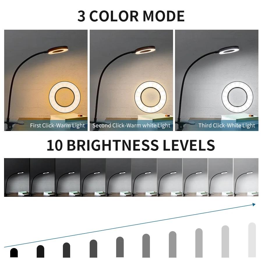 USB Rechargeable LED Clip-on Desk Light Flexible Eye Protection Reading Lamp 3 Colors Adjustable For Bedroom Study Lighting