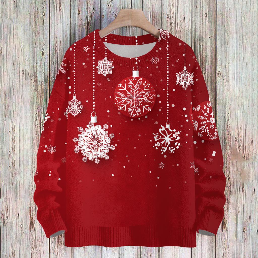 Женский Модный И Повседневный Рождественский Милый Принт Круглый Вырез Длинный Рукав Вязаная Пряжа