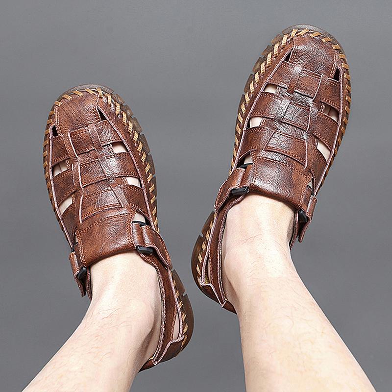 Genuine Leather Sandal for Men Round Toe Lightweight Comfortable Trendy All-match Breathable Fashion Non-slip Shoes Summer Main