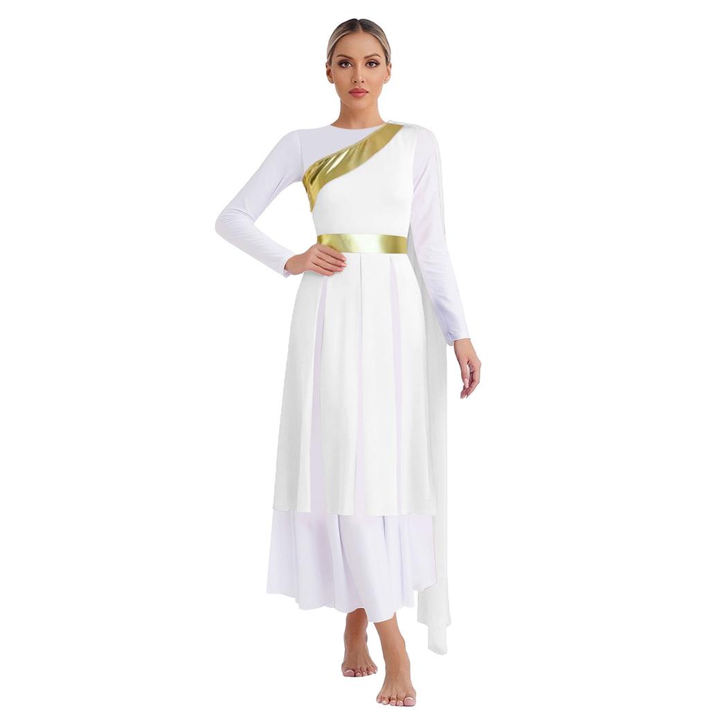 S-XXL Lyrical Worship Dance Dress One Shoulder Sleeveless Metallic Shiny Patchwork Slit Hem Tunic with Drape for Stage