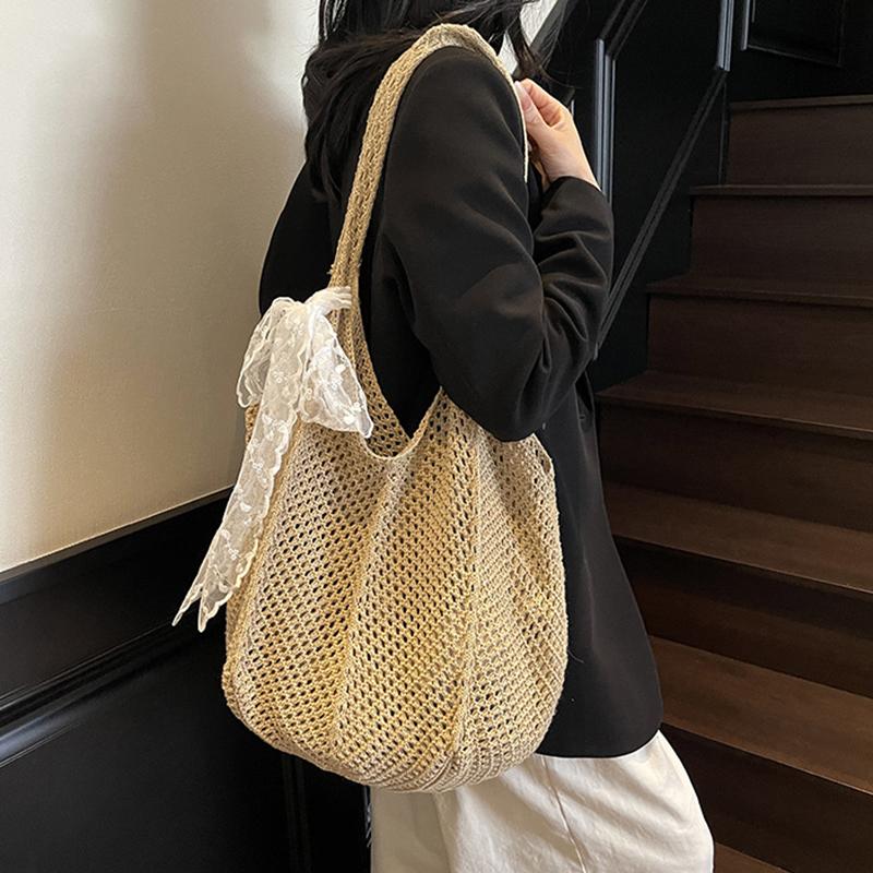 Yogodlns Women Hollow Out Crochet Tote Bag Fashion Knitted Bag Large Capacity Scarf Decor Handbag Female Summer Beach Solid Color Woven Shoulder Bag