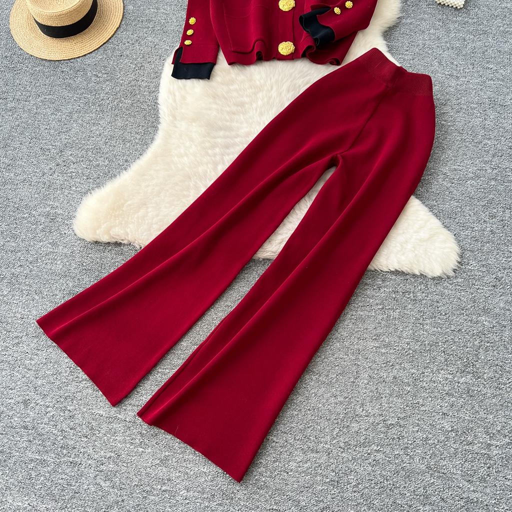 Осень Зима Женский Повседневный Вязаный Свитер Брюки Костюм из Двух Предметов Большая Золотая Пуговица Однобортный Пиджак Топы и Брюки с Эластичной Талией Спортивный Костюм