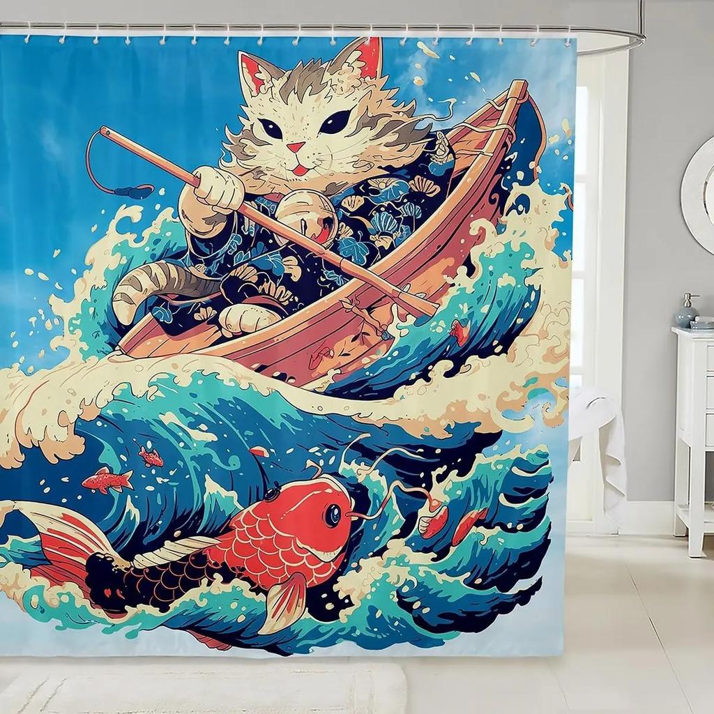 Мультяшная шторка для душа с кошкой, Японская живопись укиё Волны Восход Занавеска для ванной Комната для детей Подростков Женщин Декор, Океан Водонепроницаемая