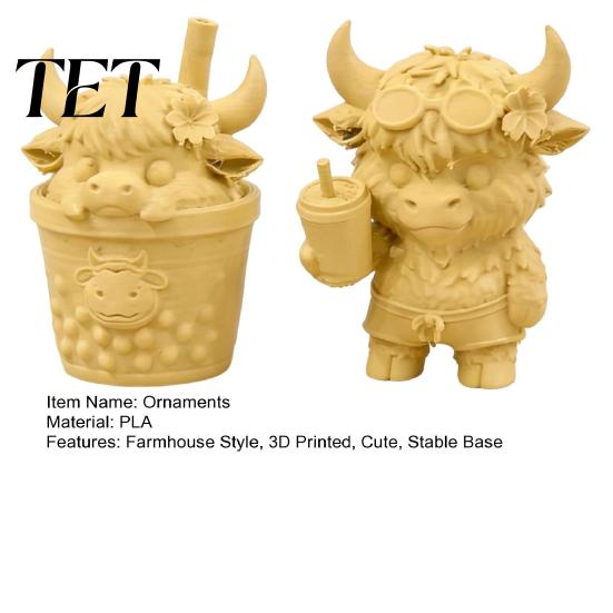 Cute Desktop Ornament 2Pcs Highland Cow Figurine, 3D Printed Bubble Tea Statues, Cartoon Animal Sculpture Summer Farmhouse Style Ornaments,