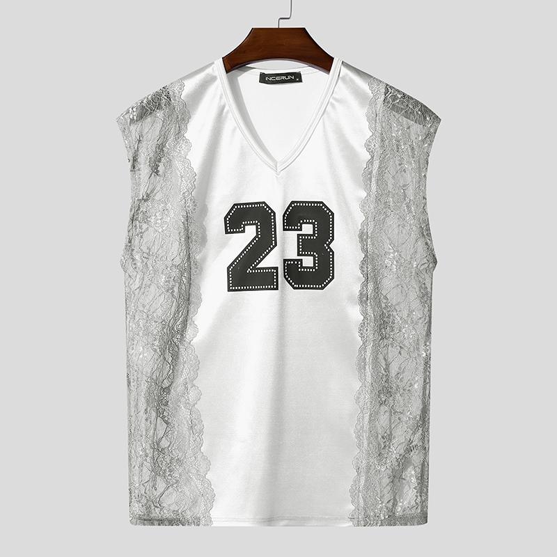 INCERUN Мужские майки без рукавов с V-образным вырезом, кружевной отделкой и буквенной вставкой в стиле пэчворк, повседневные