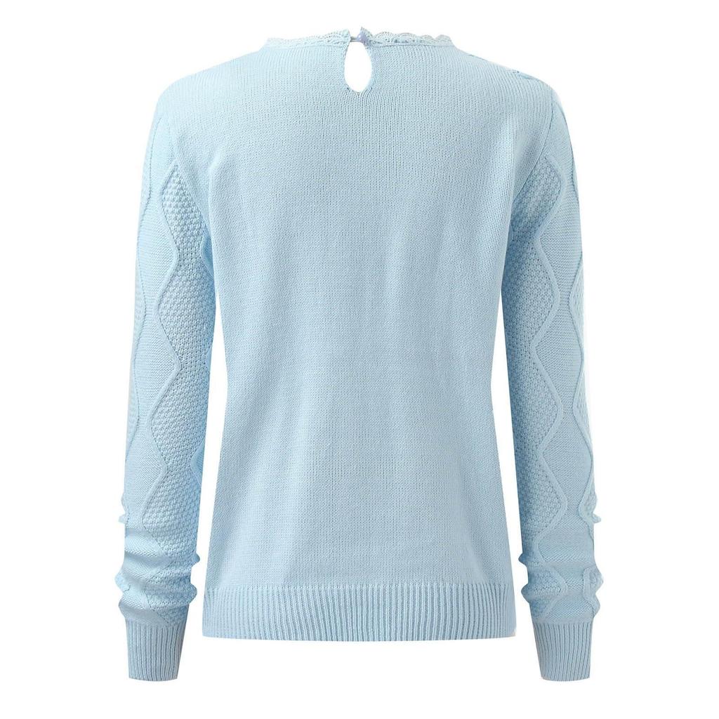 Женская мода с длинным рукавом и круглым вырезом, полый кружевной вязаный топ