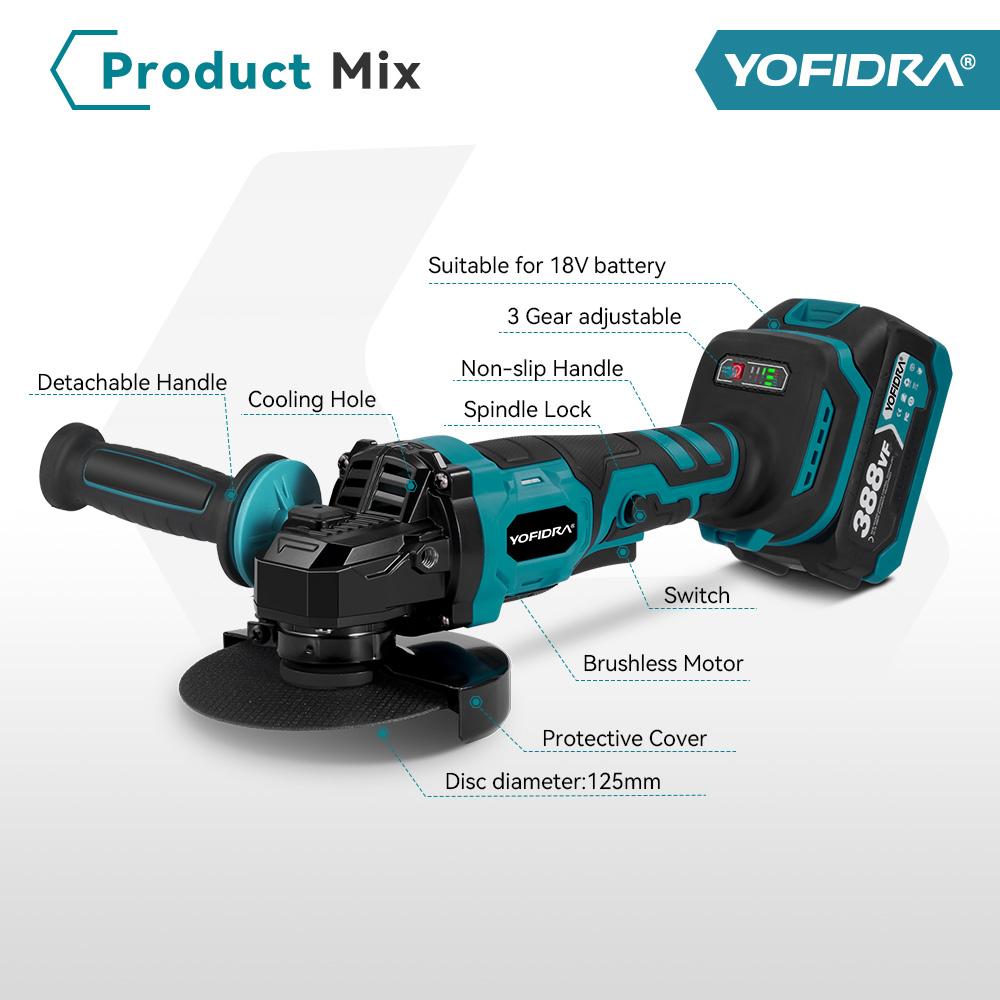 Yofidra 1500 Вт 125 мм бесщеточная угловая шлифовальная машина 3 передачи аккумуляторная шлифовальная машина режущий деревообрабатывающий электроинструмент для Makita 18 В аккумулятор