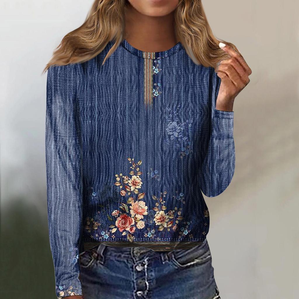 Женская мода, повседневная блузка с длинным рукавом и круглым вырезом, пуловер с принтом