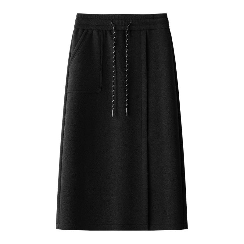 2024 Хаки Шерстяная Юбка Миди для Женщин – Осень/Зима, Эластичная Талия, Прямая Облегающая с Разрезом Спереди, Длина до Щиколотки